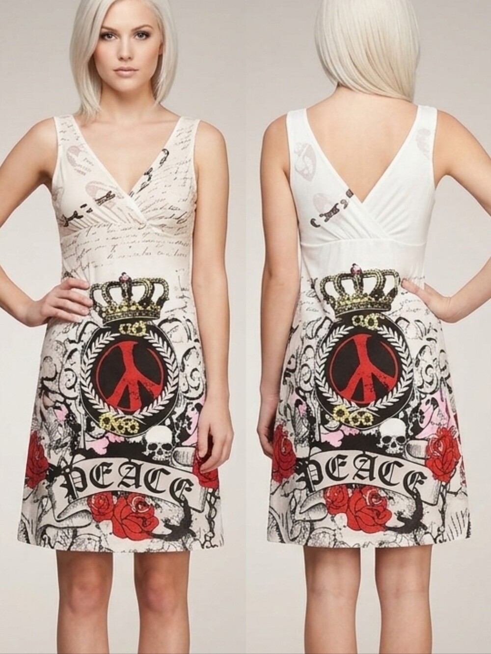 Vtg Y2K tattoo freespirit white peace skull tiara graffiti graphic dress L NWOT